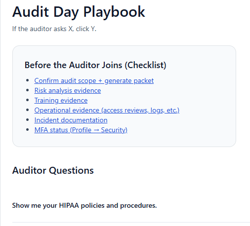 HIPAA audit day playbook showing evidence checklist and auditor questions