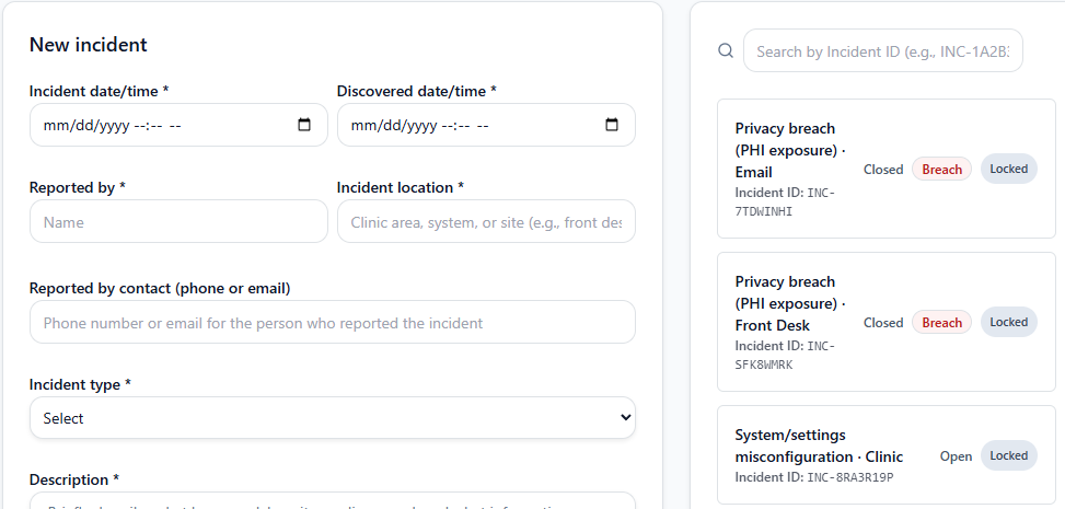 HIPAA incident tracking workflow showing incident intake, breach status, and open or closed incidents
