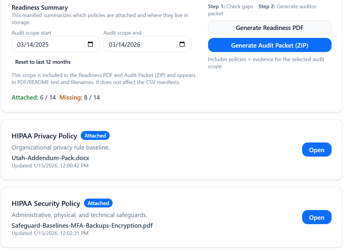 HIPAA policy library showing readiness summary, attached policies, and audit packet generation
